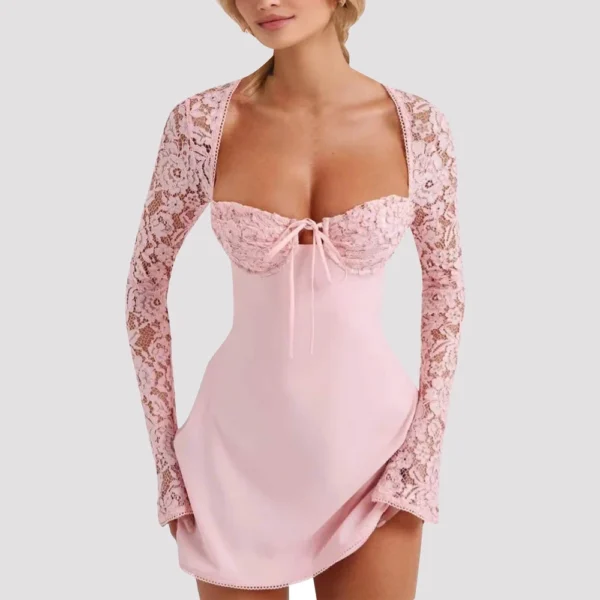 Women 's Elegant Lace Dress Lace Patchwork Long Sleeve Low Cut Dress Backless - Image 19