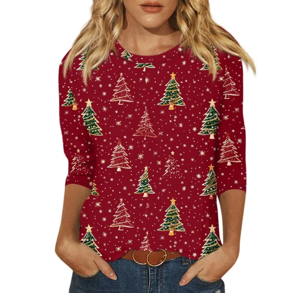 Ladies Loose Printed Casual T-Shirt Round Neck 3/4 Sleeve Christmas Women's Top - Image 41