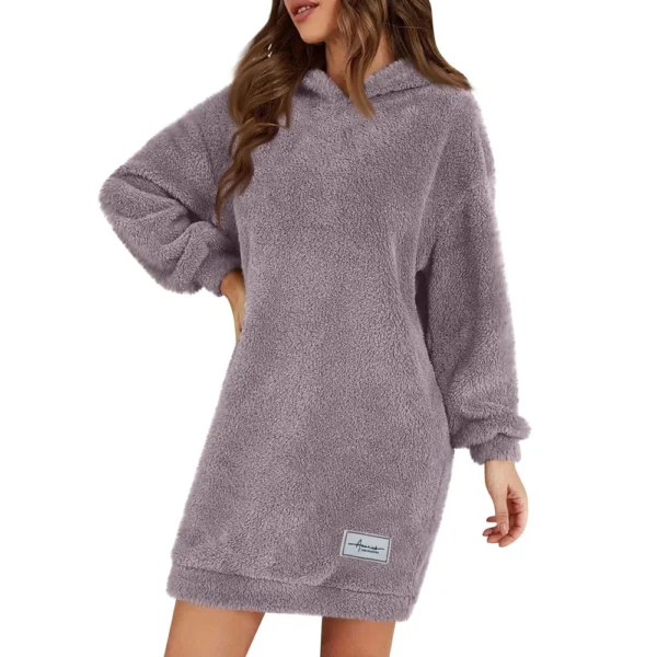 Women's Fashion Hooded Long Sleeve Plush Dress Solid Color Casual Sweatshirt - Image 40