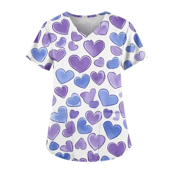 Women's Cute Printed Work Clothes V-neck Double Layer Pockets Basic Short - Image 17