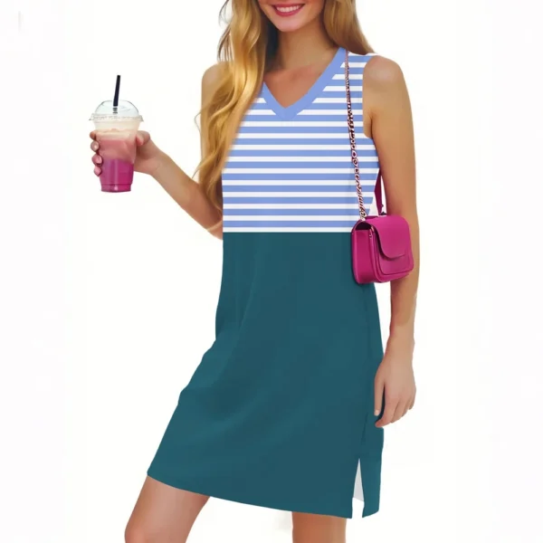 Women's Casual Fashion Sexy V-neck Sleeveless Striped Hem Slit Dress - Image 31