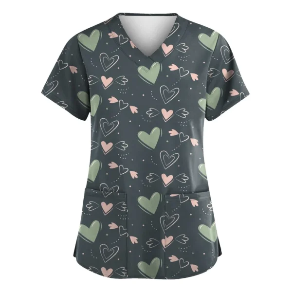 Women's Valentine's Day Printed  Uniform Work Uniform V-Neck Pocket Protective - Image 2