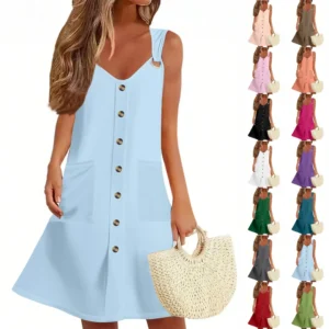 Women's Summer Dress Sleeveless Spring Solid Color Sundress With Pockets