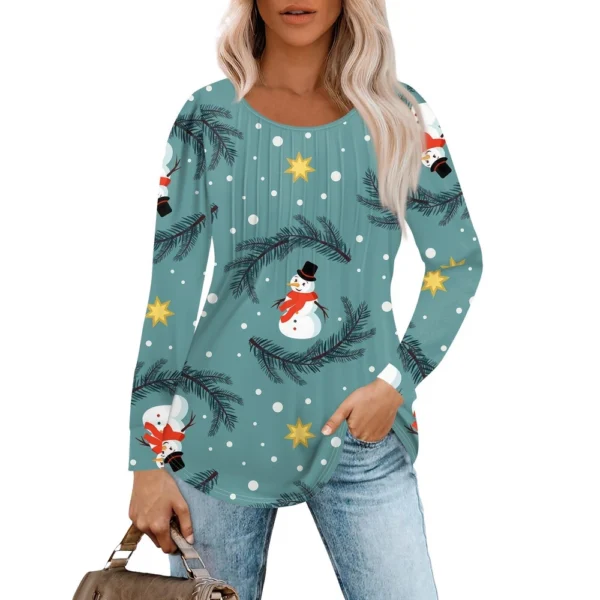 Women's Christmas Printed Top Round Neck Casual Pleated Long Sleeved T-Shirt - Image 28