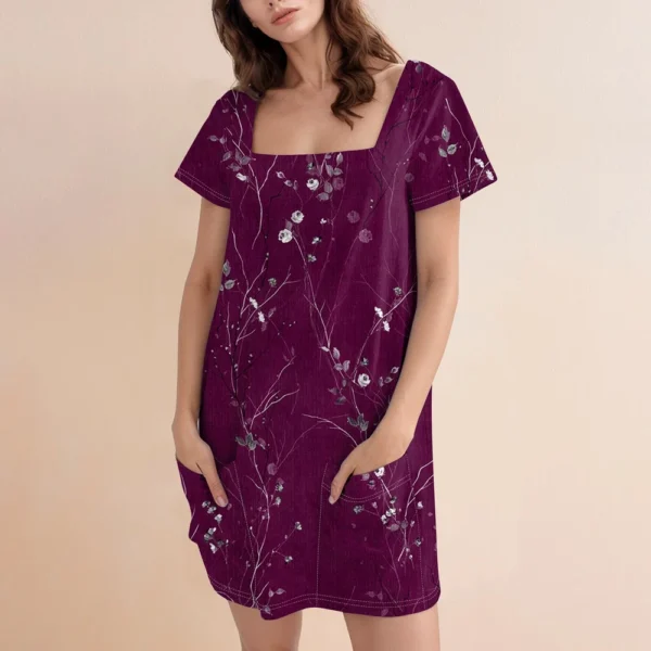 Women's Square Collar Short Sleeve Fashion Skirt Floral Print Pocket Casual - Image 27
