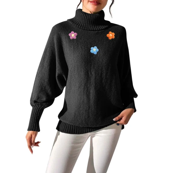 Women's  Fall And Winter Solid  Hand   Crochet Flower Splicing Turtleneck - Image 14