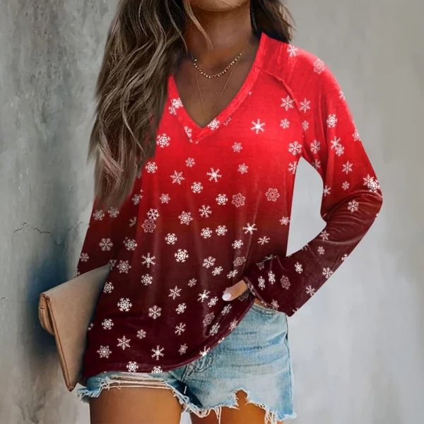 Women's Casual V-Neck Printed Long Sleeved Top Comfortable Christmas T-Shirt - Image 28