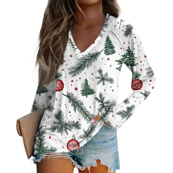Women's Comfortable V-Neck Casual Long Sleeved Top Christmas Printed T-Shirt - Image 2