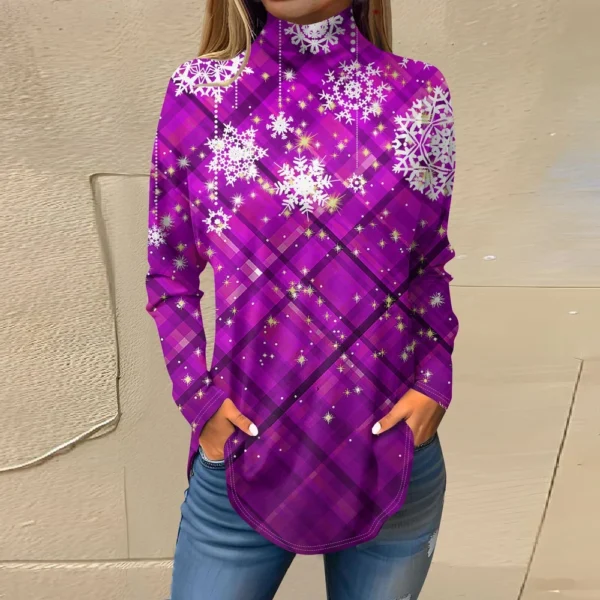 Women's Casual Christmas High Neck Pullover Long Sleeve Printed Fashion T-Shirt - Image 31