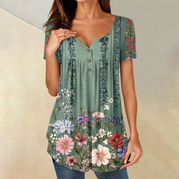 Women Tunic Tops Dressy Casual Summer Short Sleeve Shirts Loose Fit Pleated - Image 13