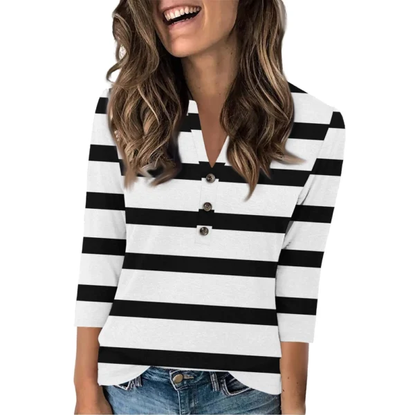 Women's Fashion Casual Loose 3/4 Sleeve Striped Printed Round Neck Top - Image 14