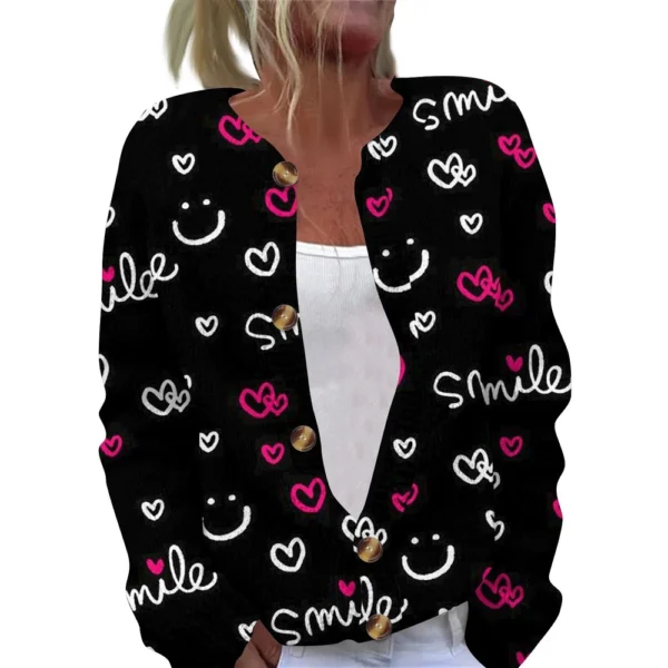 Women's Fashion Printed Valentine's Day Long Sleeved Knitted Cardigan Button - Image 5