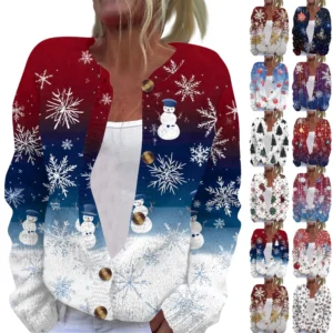 Women's Fashion Christmas Printed Long Sleeve Knitted Cardigan Button Down