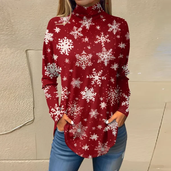 Women's Casual Printed High Neck Fashion Long Sleeve Pullover Christmas T-Shirt - Image 34