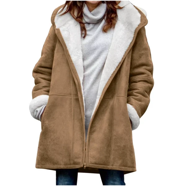Women's  Fashionable Solid Color Warm Coat Long Sleeved Zipper Loose Hooded - Image 9