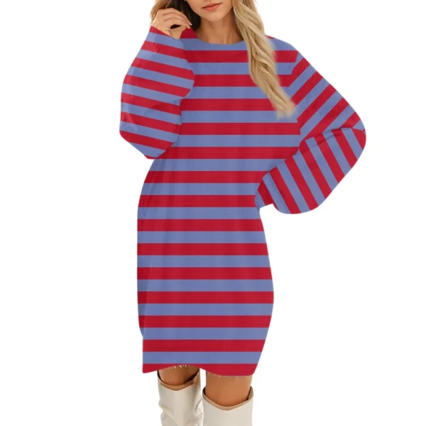 Women's Round Neck Casual Long Sleeve Plush Gradient Stripe Dresses - Image 2