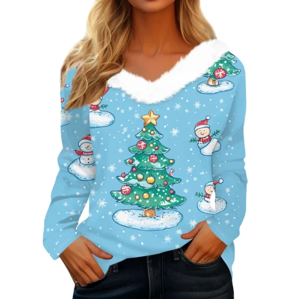 Women's Christmas Shirt Fleece Collar T Shirt Party V Neck Long Sleeve Top - Image 32