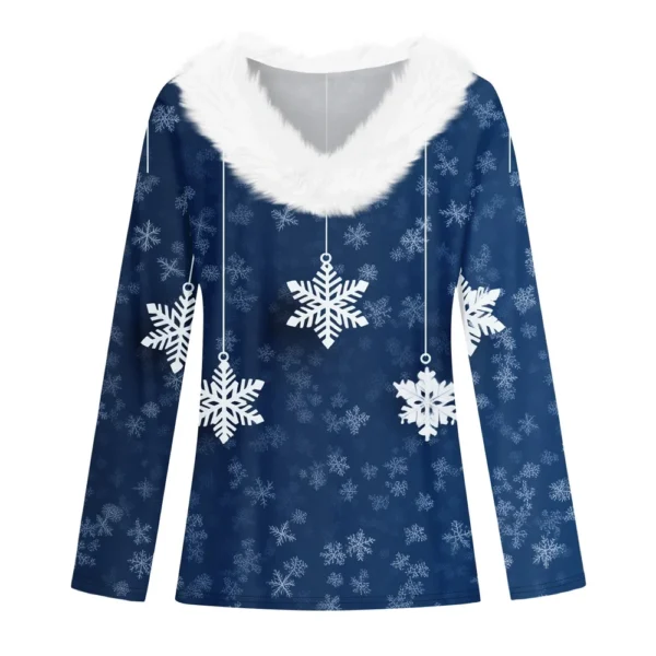 Women's Christmas Long Sleeve Shirt Top V Neck Party Fleece Collar T Shirt - Image 12