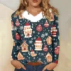 Women's Loose Casual Long Sleeved Christmas Printed Plush Collar V Neck Top, - Image 25