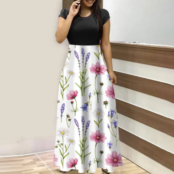 Women's Fashion Casual Loose Printed Round Neck Short Sleeve Long Dresses - Image 22