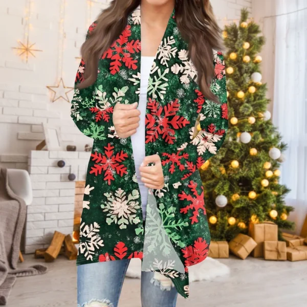 Women's Cardigan Christmas Printed Jacket Casual Medium Length Fashion Coat - Image 13