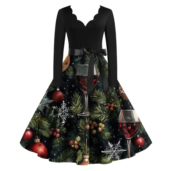 Women's Casual V-Neck Christmas Printed Fashion Long Sleeve Slim Dresses - Image 13