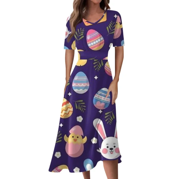 Ladies Casual Fashion Gradient Print V-Neck Short Sleeve Waist Long Swing Dress - Image 3