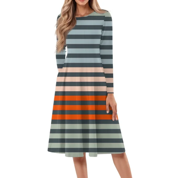Women's Casual Fashion Round Neck Long Sleeve Print Midi Dress - Image 22