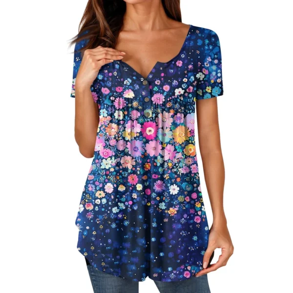 Women Tunic Tops Dressy Casual Summer Short Sleeve Shirts Loose Fit Pleated - Image 26