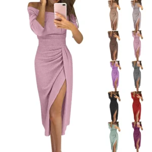 Women's Fashion Sexy Strapless High Slit Tight Dress Half Sleeve Dress