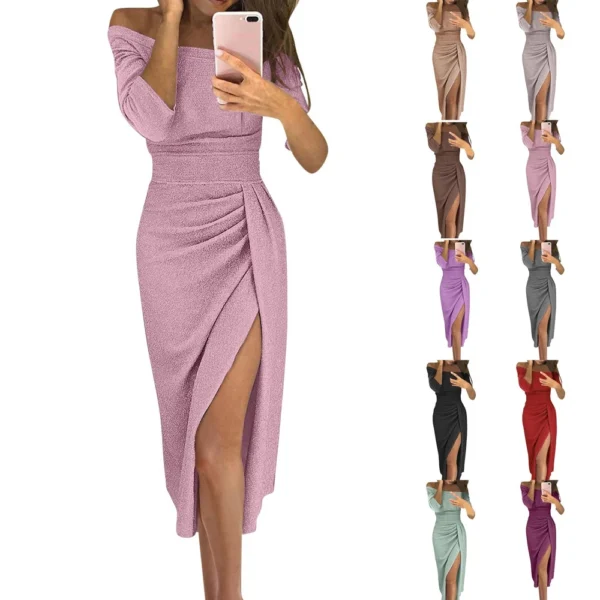 Women's Fashion Sexy Strapless High Slit Tight Dress Half Sleeve Dress