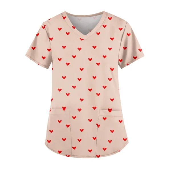 Women's Cute Printed Work Clothes V-neck Double Layer Pockets Basic Short - Image 34