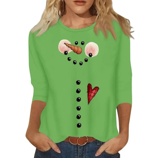 Ladies Casual Christmas Printed Top Round Neck 3/4 Sleeve Loose Women's T-Shirt - Image 3