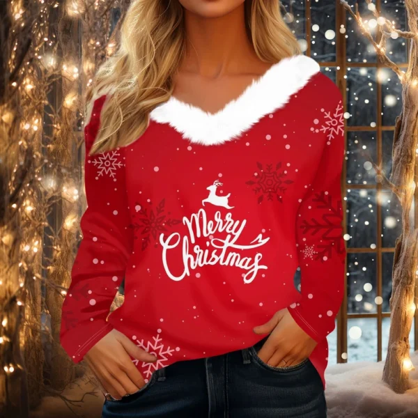 Women's Christmas Shirt Long Sleeve Top Fleece Collar Party V Neck T Shirt - Image 22