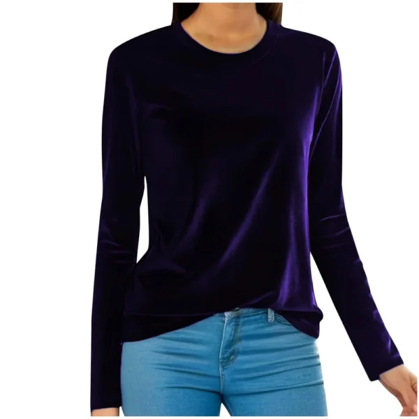 Women's Fashion Golden Velvet Solid Colour Round Neck Long Sleeve T-Shirt Top - Image 19