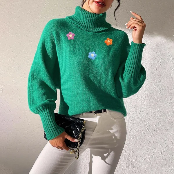 Women's  Fall And Winter Solid  Hand   Crochet Flower Splicing Turtleneck - Image 10