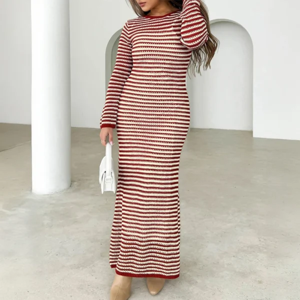 Women's Casual Striped Long Sleeved Sweater Dress, Mid Length Dress, Slim Fit - Image 22