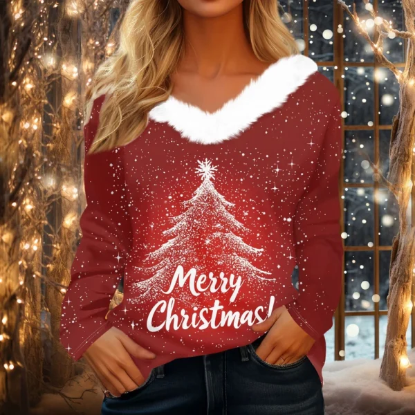 Women's Christmas Shirt Long Sleeve Top Fleece Collar Party V Neck T Shirt - Image 28