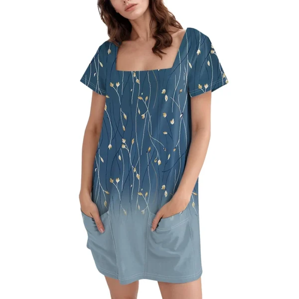 Women's Square Collar Short Sleeve Fashion Skirt Floral Print Pocket Casual - Image 26