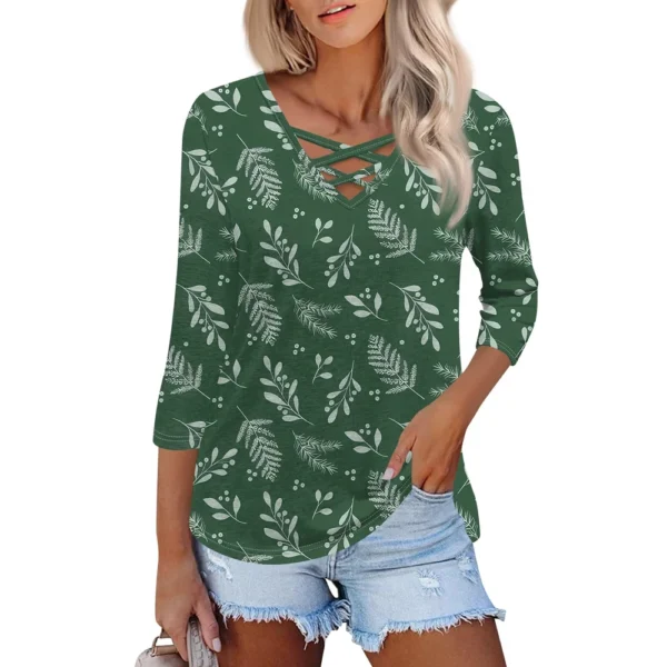 Women's Fashion Loose Cross V-Neck Seven Sleeve T-Shirt Vintage Floral Print - Image 9