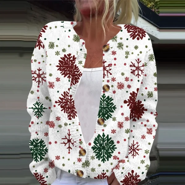 Women's Fashion Christmas Printed Long Sleeve Knitted Cardigan Button Down - Image 43