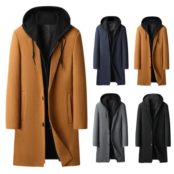 Men's  Woolen Coat Can Be Removed Hooded Fashion Long Thick Slim Medium Length