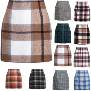 2024 Women's high-waisted plaid skirt tight pencil wool mini skirt