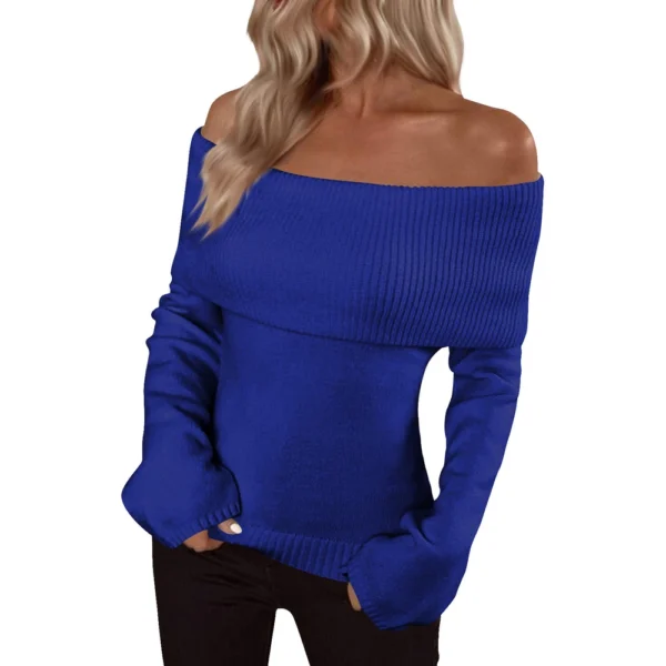 Pullover Jumper Tops Womens Off Shoulder Fold Over Sweater Knit Fall Sweaters - Image 2