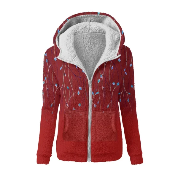 Women's Fashion Retro Floral Print Hooded Plush Casual Top Zipper Jacket - Image 32