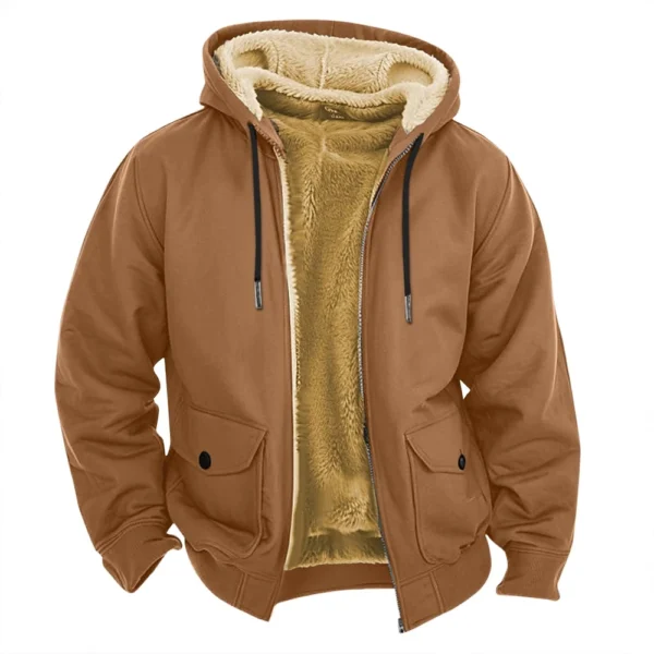 Men's Casual Zippered Pocket Hooded Jacket Men's Solid Color Fashion Warm Jacket - Image 11