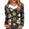 Women's Loose Casual Long Sleeved Christmas Printed Plush Collar V Neck Top, - Image 3