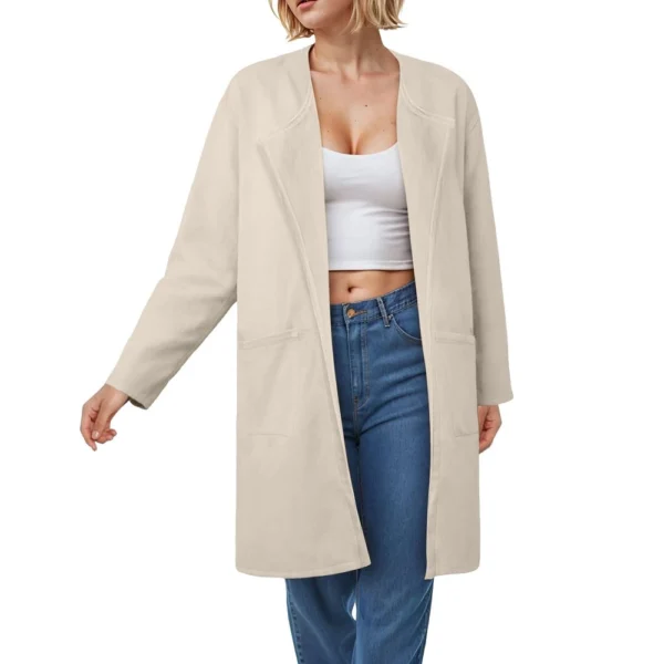 Ladies Solid Color Lapel Cardigan Tweed Cotton Coat Long Sleeve Jacket With - Image 22
