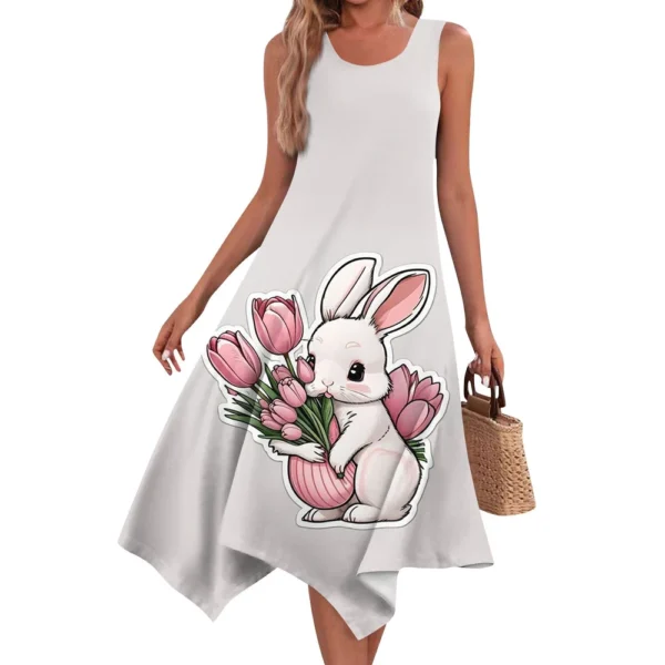 Women's Casual Fashion Round Neck Sleeveless Print Irregular Hem Midi Dress - Image 6