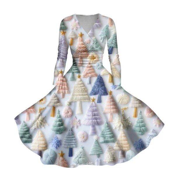 Women's Casual V-Neck Slim Fashion Christmas Long Sleeve Printed Dresses - Image 11